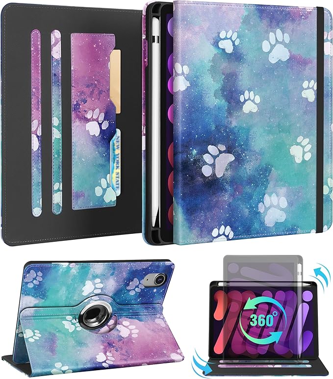 Kidcube for iPad Mini 7 Case A17 Pro 2024, for iPad Mini 6th Generation Case 8.3 Inch - Women Girls Cute Rotating Stand Folio Cover with Pencil Holder & Card Slot Kawaii Cartoon Cool Dogs Design Cover
