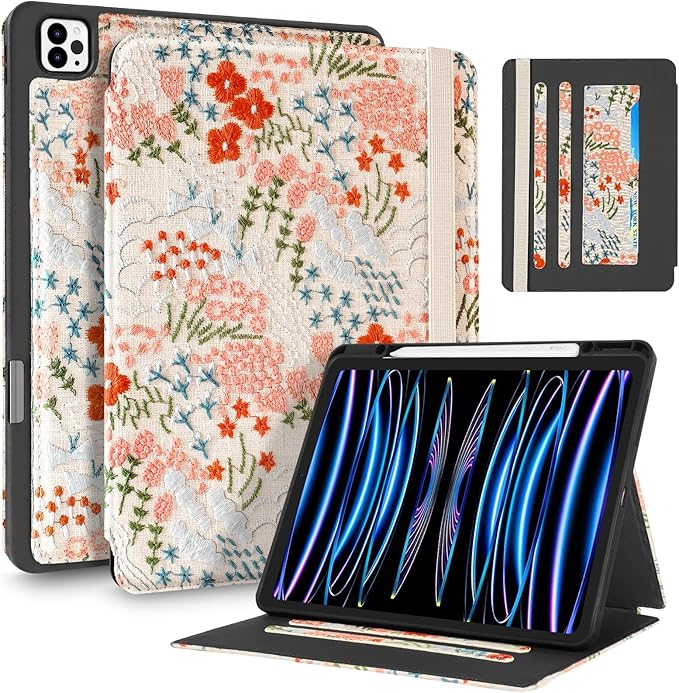 Uppuppy for iPad Air 13 Inch Case M3 2025/M2 2024, for iPad Pro 12.9 Case 6th/5th/4th/3rd Gen - Women Girls Cute Embroidered Folio Stand Cover with Pencil Holder & Card Slot Design Girly Floral Flower