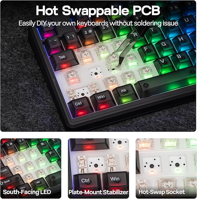 MechLands Aula F87 PRO V2 Wireless Gaming Keyboard with 10000mAh Battery, 8K Polling, SOCD/MT/TGL, BT/2.4GHz/Wired, Hot Swap TKL Mechanical Keyboard with Creamy Gasket, RGB Backlit (Black Transparent)