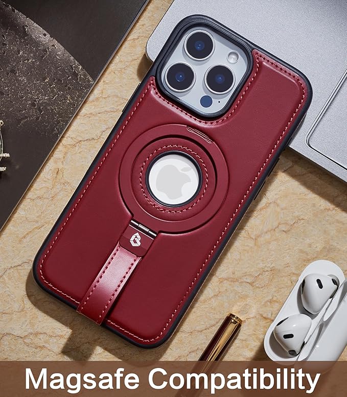 Butaiga for iPhone 12 / iPhone 12 Pro Leather Case with Stand, Anti-Slip Grip Ring, Fits for MagSafe (Burgundy, iPhone 12/12 Pro)