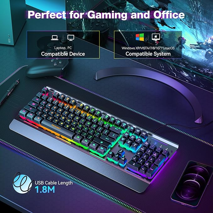 TECKNET Gaming Keyboard, 15-Zone RGB Illumination, All-Metal Panel Keyboard, IP32 Waterproof, 25 Anti-Ghosting, Quiet Typing, USB Wired Ergonomic Keyboard for Windows XP/Vista/7/8/10/11