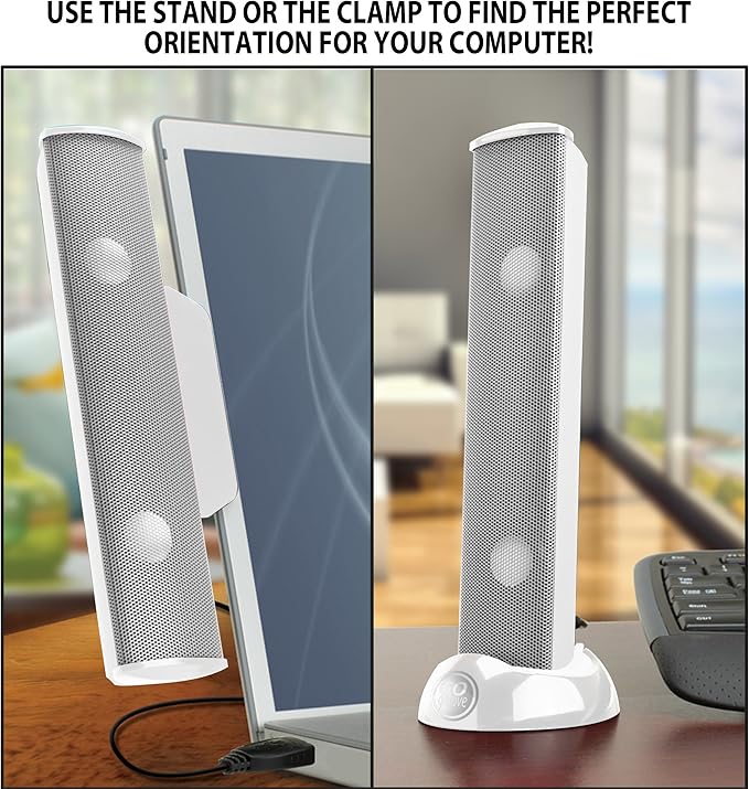 GOgroove SonaVERSE USB Speakers for Laptop Computer - USB Powered Mini Sound Bar with Clip-On Portable External Speaker Design for Monitor, One Cable for Digital Audio Input and Power (White)