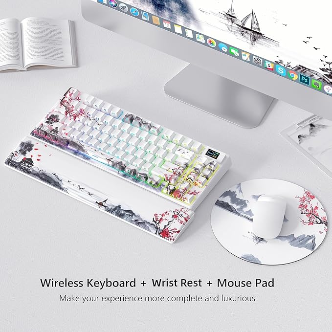 Womier 75% Wireless Mechanical Keyboard with Color Multimedia Screen Gaming Creamy Keyboard, Theme 3-Modes Hot Swappable Key Board w/Wrist Rest,SK80 PRO Gasket RGB Custom for Mac/Win,Red Plum