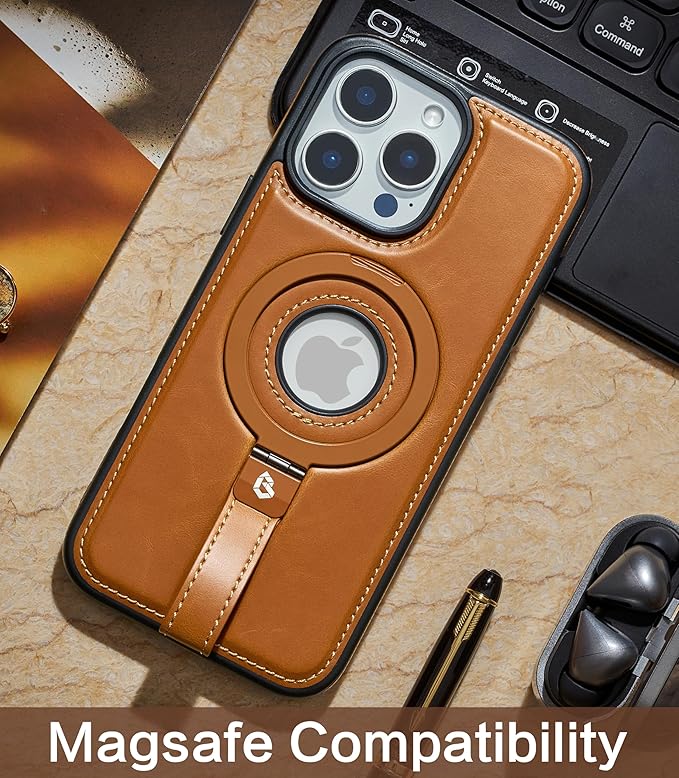 Butaiga for iPhone 14 Pro Leather Case with Stand, Anti-Slip Grip Ring, Fits for MagSafe (Brown, iPhone 14 Pro)