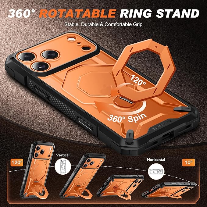 TONGATE for iPhone 17 Pro Max Case with 360° Spin Magnetic Stand, [Compatible with MagSafe][Military-Grade Protection] with Privacy Screen Protector & Camera Control Cover for 17 ProMax, Clear Orange