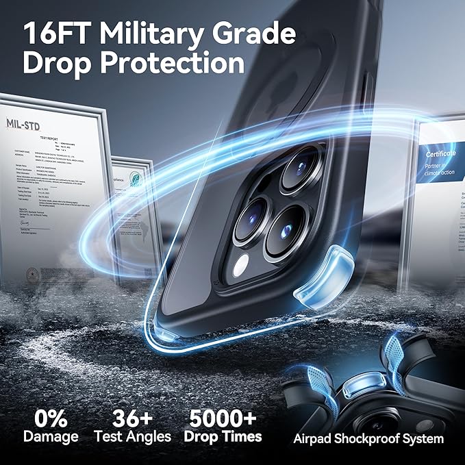 CASEKOO Ultra-Magnetic Stand for iPhone 16 Pro Case [Military Drop Protection] [Compatible with MagSafe] Shockproof Translucent Matte Slim Ring Holder Case for iPhone 16 Pro 6.3", Black
