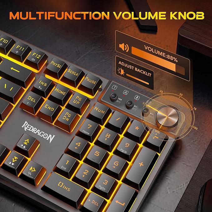 Redragon K521WL Wireless Gaming Keyboard with Knob, Tri-Mode BT/2.4G/USB-C RGB Mechanical Feeling Keyboard with Multimedia Keys, 4000mAh Battery, Anti-Ghosting, Compatible with PC - Upgrade