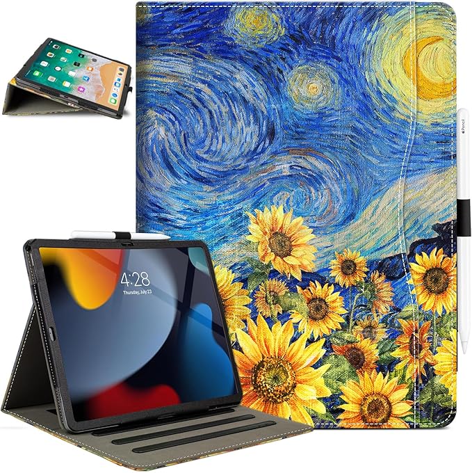 for iPad Air 13 inch Case (M4/M3/M2), iPad Pro 12.9 Case, iPad Pro 13-Inch Case (M5/M4) Shockproof Pencil Holder Adjustable Stand/Pocket/Magnetic Closure/Auto Wake Sleep Starry Night Sunflowers