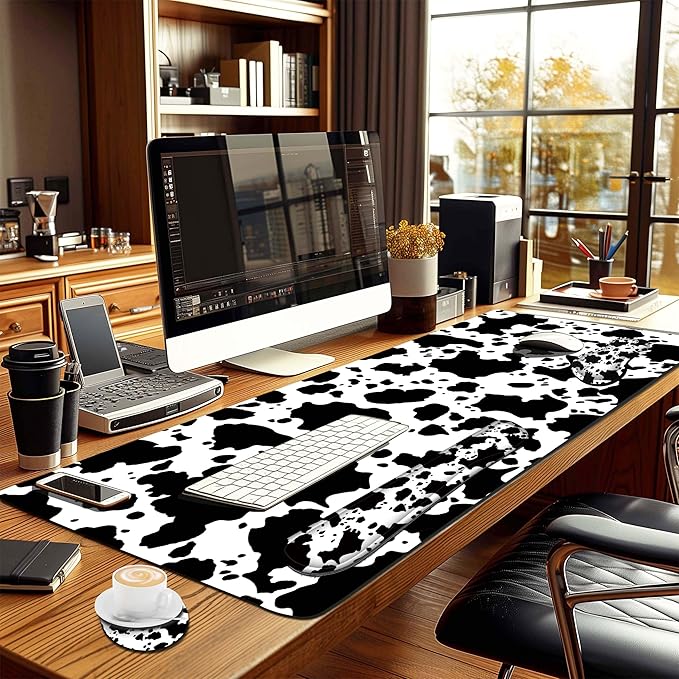 4-Piece Extended Large Mouse Pad Set for Women Men with Cow Print Design Includes 35.4 x 15.7 XXL Large Mouse Pad Keyboard Wrist Rest Mouse Wrist Support and Coaster for Office Home