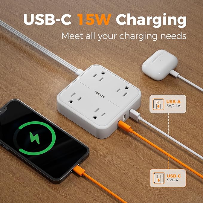 TESSAN Surge Protector Flat Extension Cord 10Ft, Flat Plug Power Strip with 4 Outlets 3 USB Ports (1 USB C), 900 Joules Protection, Multiple Wall Outlet Extender Suitable for Home Office Dorm, White