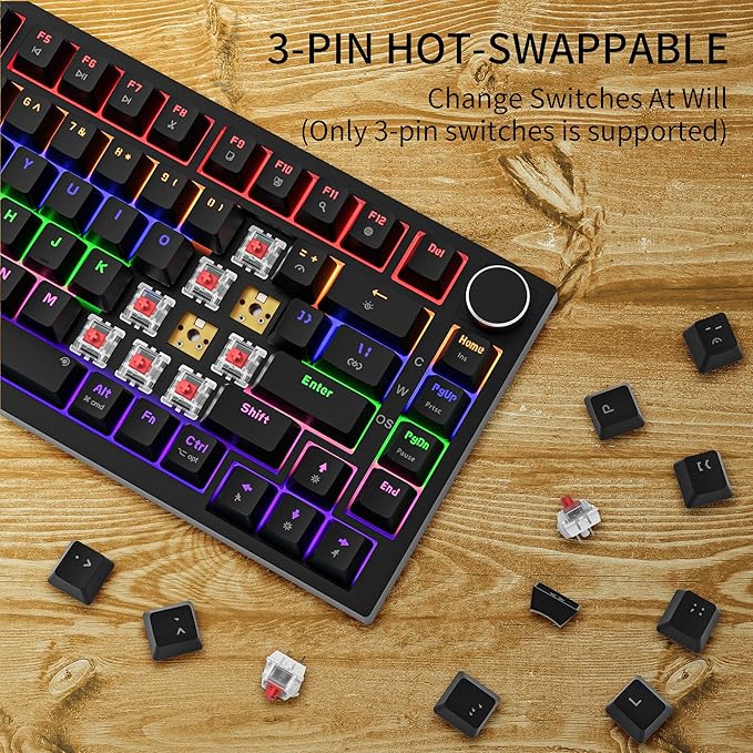 Newmen GM326 75% Percent Mechanical Keyboard,Wired Mini Backlit Hot Swappable Gaming Mechanical Keyboard with Knob,82 Keys Anti-Ghosting Compact Black Gaming Keyboards for PC Win Mac,Red Switch