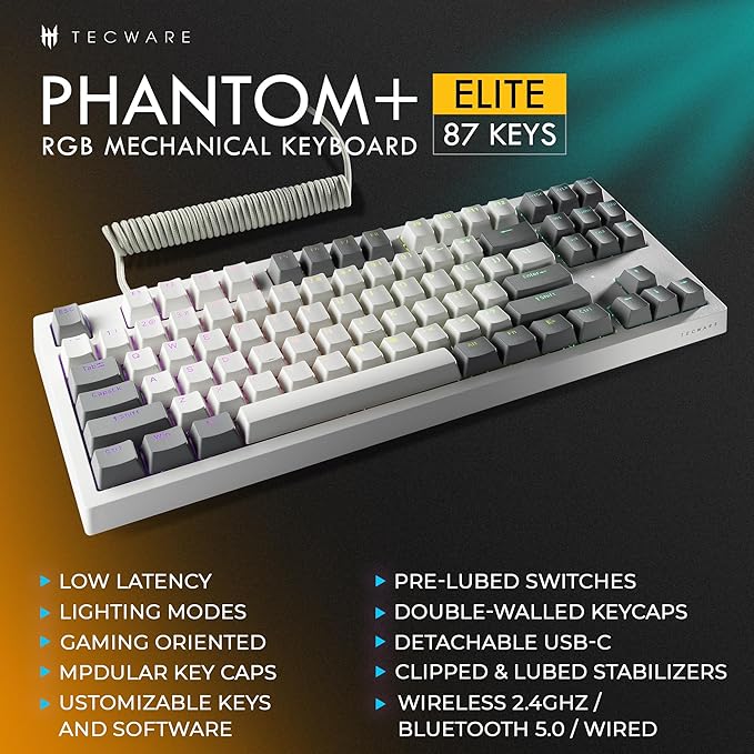 TECWARE Phantom+ Elite 87 Key RGB Mechanical Gaming Keyboard | 3 Mode Wireless Bluetooth 5.0 2.4GHz & USB C Wired | Hot Swappable 5 Pin | Double Shot PBT Keycaps | Wraith Orange Switch - White