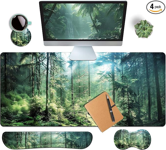 4-Piece Extended Large Mouse Pad Set for Women Men with Green Forest Design Includes 35.4 x 15.7 XXL Large Mouse Pad Keyboard Wrist Rest Mouse Wrist Support and Coaster for Office Home