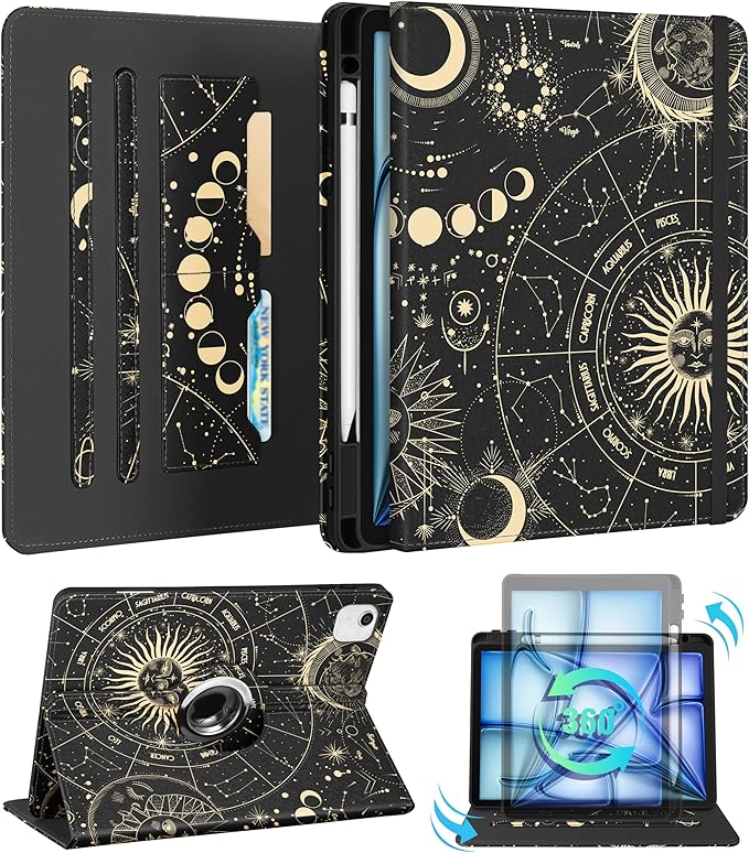 Kidcube for iPad Air 11 Inch Case M3/M2, Air 5th/4th Generation Cases 10.9'', Pro 11'' 2020 - Women Girl Aesthetic Cute Rotating Stand Folio Cover with Pencil Holder & Card Slot Girly Sun Moon Stars