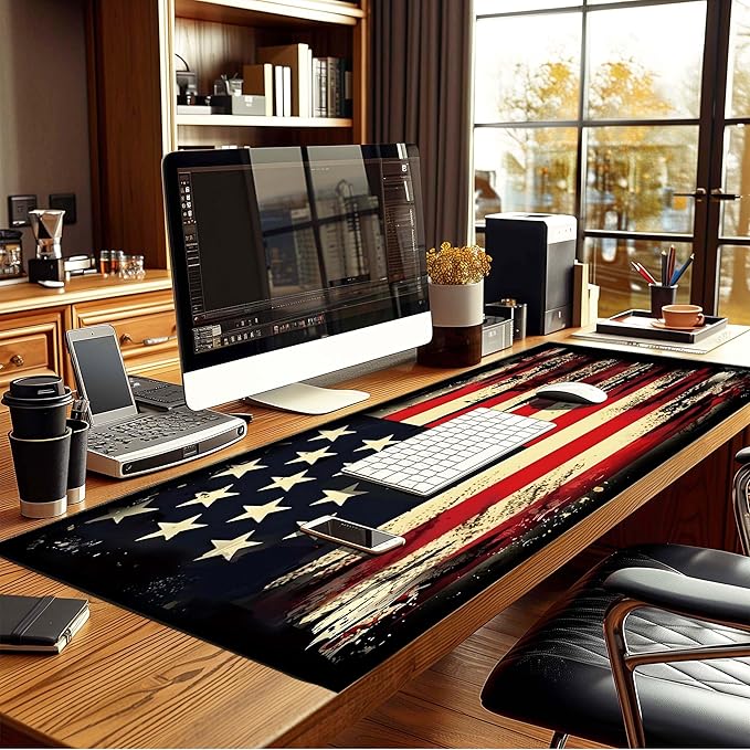 Retro Flag Mouse Pad XL with Stitched Edges 31.5 x 11.8, Extended Desk Pad Desk Mat for Desktop Decor and Accessories Workplace Home XXL Mouse Pad for Gaming Office Big Mousepad