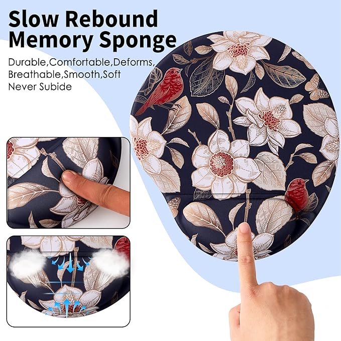 Ergonomic Mouse Pad with Wrist Support,Cute Mouse Pads with Wrist Rest,Comfortable Mouse Pad for Home Office Gaming Working Computers Laptop,Pain Relief with Non-Slip PU Base (Gold Floral)