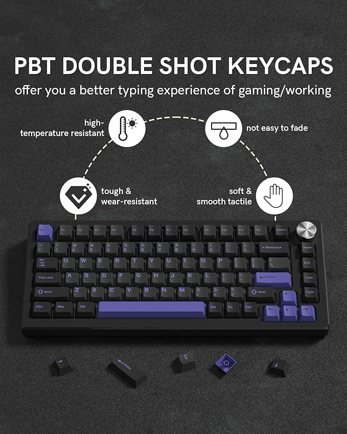Womier Double Shot PBT Keycaps Set 138 Keys, Cherry Profile Custom Keycaps 60 65 75 100 Percent for 61/64/68/84/87/100/104/108 Retro Gaming Mechanical Keyboard, Black Purple