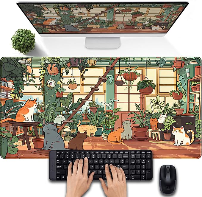 Large Desk Mouse Pad Cute Cats Desk Mat, Extended Gaming Mouse Mat, Office Home Keyboard Pad, Green Plant Computer Mats XXL, Cute Full Desktop Mat, Anime PC Accessories for Women 31.5" x 15.75"