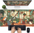 Large Desk Mouse Pad Cute Cats Desk Mat, Extended Gaming Mouse Mat, Office Home Keyboard Pad, Green Plant Computer Mats XXL, Cute Full Desktop Mat, Anime PC Accessories for Women 31.5" x 15.75"