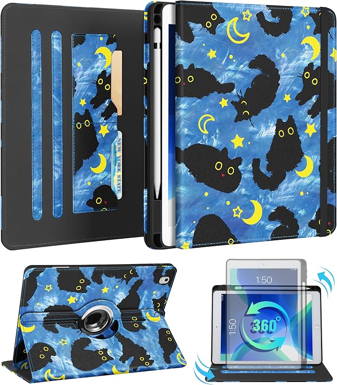 Kidcube for iPad Air 3rd Generation Case/Pro 10.5 Inch Case - Women Girls Cute Rotating Stand Folio Cover with Pencil Holder & Card Slot Girly Cat Stars Blue Design Cover for iPad Pro 10.5''/Air 3rd