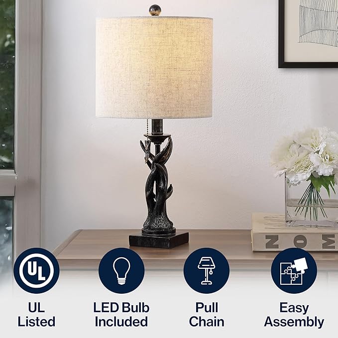 JONATHAN Y 20.5" Antique Black Rustic Antler Table Lamp for Bedroom Farmhouse Decor, Mini Faux Antler Desk Lamp with Gray Linen Shade, Lodge Cabin Nightstand Lamp, LED Bulb (JYL1031B)