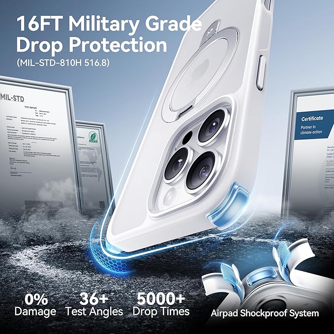 CASEKOO Ultra-Magnetic Stand for iPhone 16 Pro Case [Military Drop Protection] [Compatible with MagSafe] Shockproof Translucent Matte Slim Ring Holder Case for iPhone 16 Pro 6.3", Dove White