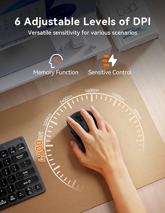 TECKNET Rechargeable Bluetooth Mouse, [ USB + BT5.0 + BT3.0 ] Wireless Mouse, Ergonomic Design, Silent Click, 6-Level 4800 DPI Wireless Mice, 3-Device Switching for Laptop, Computer, MacBook（Charcoal）