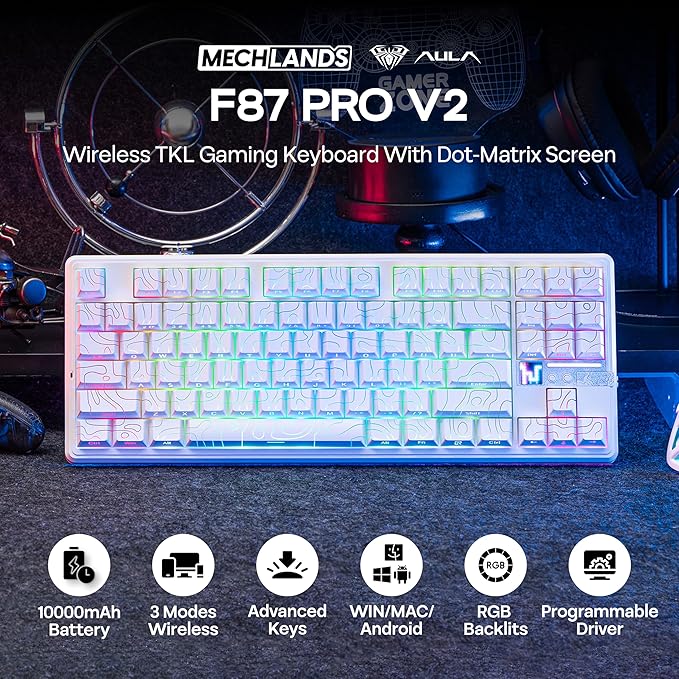 MechLands Aula F87 PRO V2 Wireless Gaming Keyboard with 10000mAh Battery, 8K Polling, SOCD/MT/TGL, BT/2.4GHz/Wired, Hot Swap TKL Mechanical Keyboard with Creamy Gasket, RGB Backlit (White)