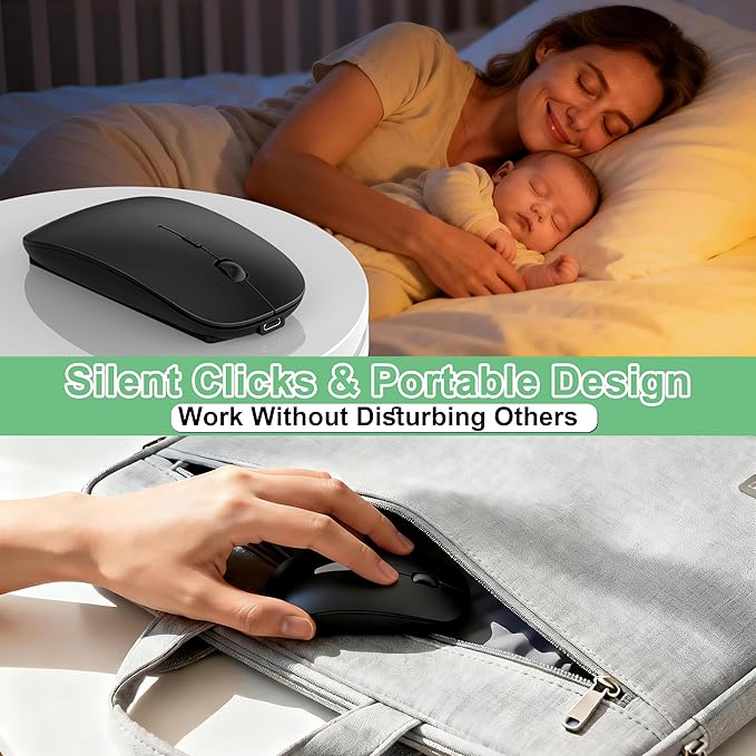 Wireless Mouse for MacBook Pro/Air, Bluetooth Rechargeable Mouse with USB-C, Slim Mouse Jiggler for iPad/iMac/Laptop/PC, 2.4G Dual Mode, Silent Click, Compatible Mac OS/Windows, Black