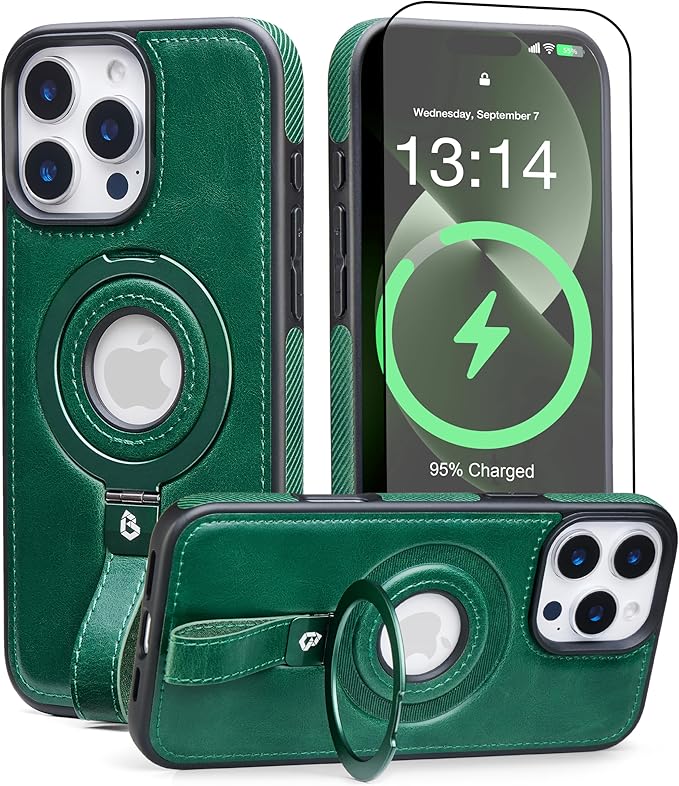 Butaiga for iPhone 14 Pro Max Leather Case with Stand, Anti-Slip Grip Ring, Fits for MagSafe (Green, iPhone 14 Pro Max)