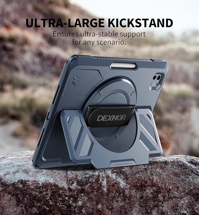 Dexnor for iPad Pro 11 inch Case M5 2025/M4 2024, Rugged Protective Case with 360° Rotating Hand Strap & Large Steady Stand & Screen Protector & Pencil Holder Shockproof Full-Body Bumper Cover, Blue