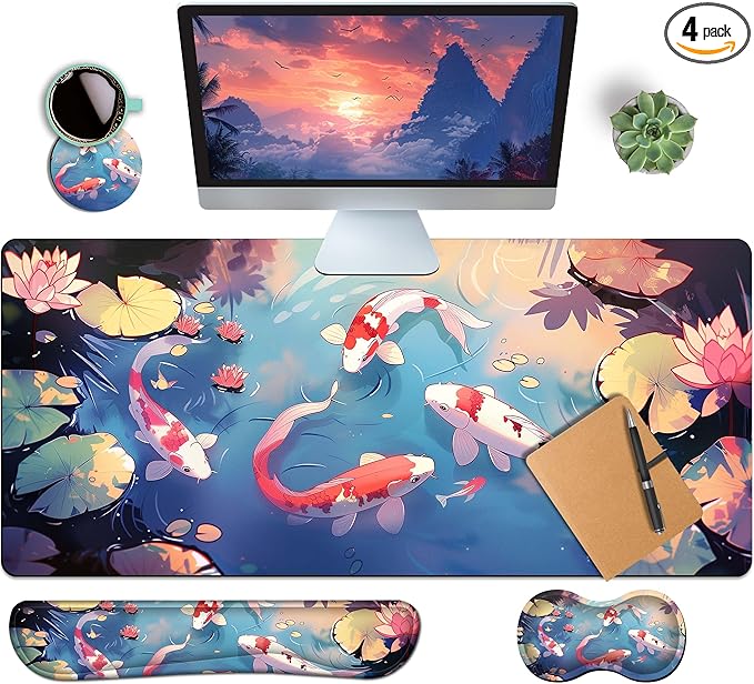4-Piece Extended Large Mouse Pad Set for Women Men with Colorful Koi Design Includes 35.4 x 15.7 XXL Large Mouse Pad Keyboard Wrist Rest Mouse Wrist Support and Coaster for Office Home