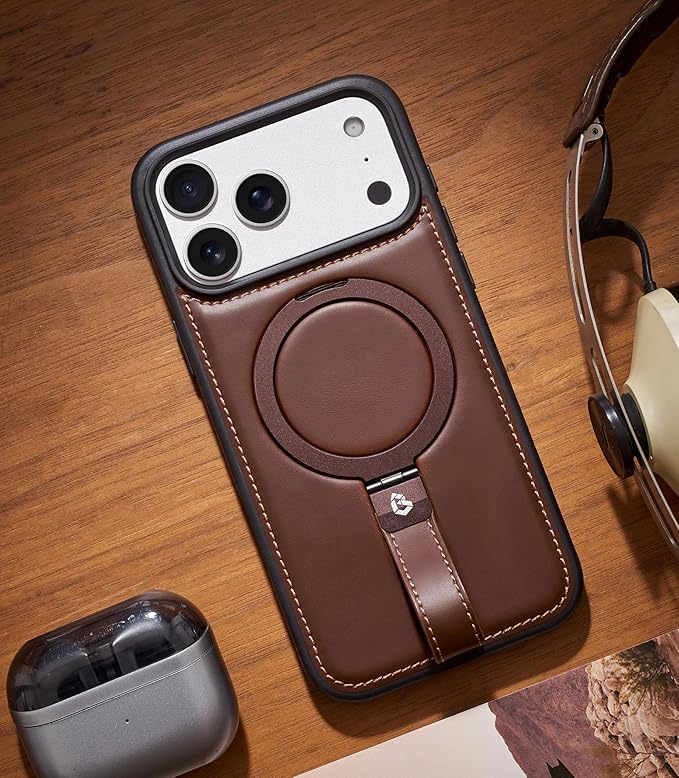 Butaiga for iPhone 17 Pro Leather Case with Stand, Anti-Slip Grip Ring, Fits for MagSafe (Cocoa, iPhone 17 Pro)