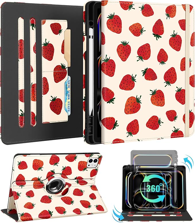 Kidcube for iPad Pro 13 Inch Case M4 2024 - Women Girls Kids Cute Rotating Stand Folio Cover with Pencil Holder & Card Slot Pretty Strawberry Design for iPad Pro 13 Inch Case 2024 (A2925 A2926 A3007)