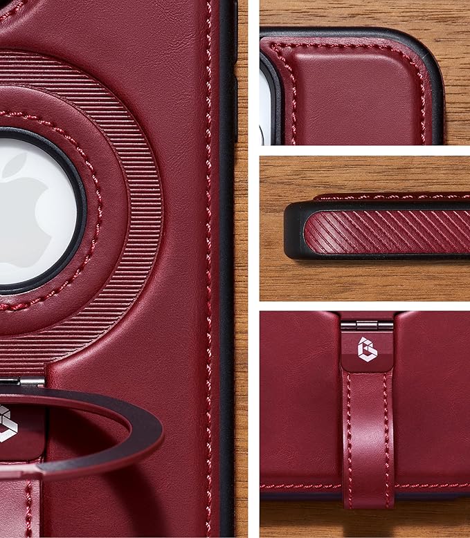 Butaiga for iPhone 13 Pro Max Leather Case with Stand, Anti-Slip Grip Ring, Fits for MagSafe (Burgundy, iPhone 13 Pro Max)