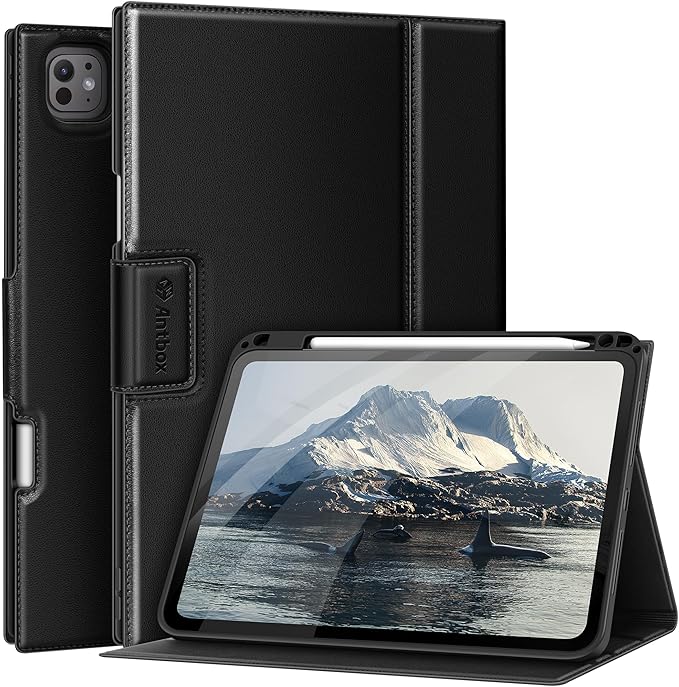 Antbox for iPad Pro 11 Inch Case M5 2025/M4 2024, Premium Vegan Leather, Supports Pencil Pro and Pencil (USB-C), Auto Sleep/Wake Function, Built-in Pencil Holder (Black)