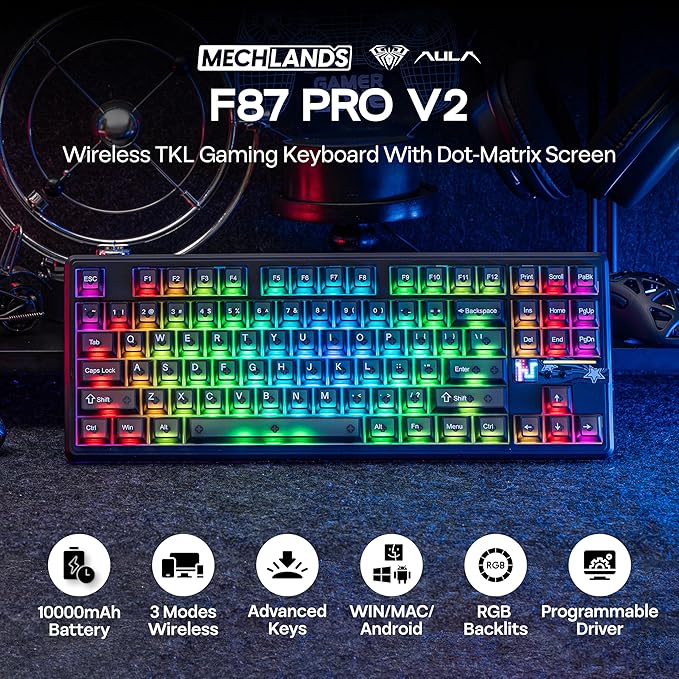 MechLands Aula F87 PRO V2 Wireless Gaming Keyboard with 10000mAh Battery, 8K Polling, SOCD/MT/TGL, BT/2.4GHz/Wired, Hot Swap TKL Mechanical Keyboard with Creamy Gasket, RGB Backlit (Black Transparent)