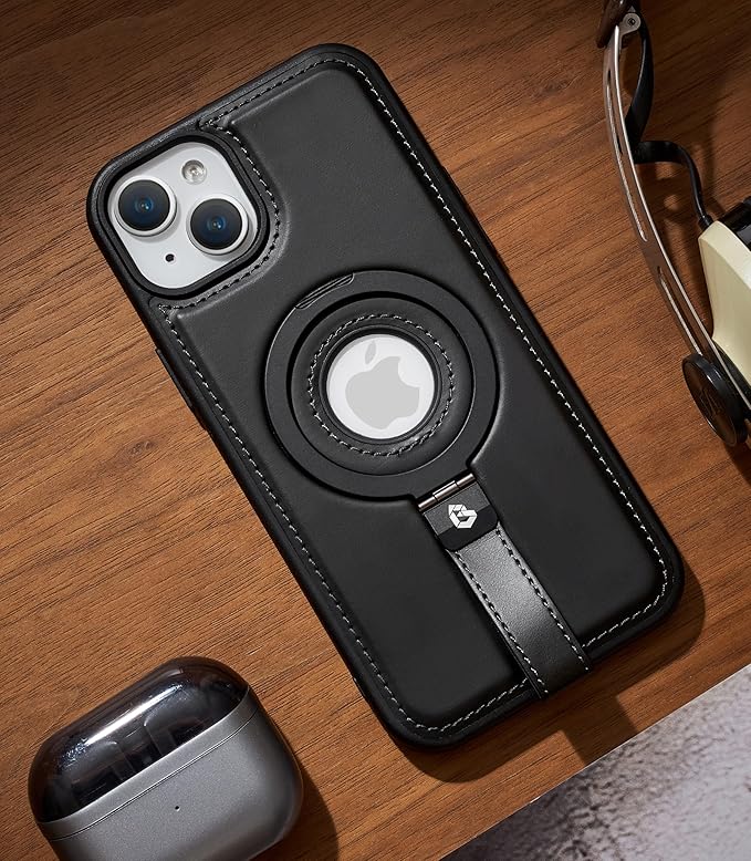 Butaiga for iPhone 14 /iPhone 13 Leather Case with Stand, Anti-Slip Grip Ring, Fits for MagSafe (Black, iPhone 14/13)