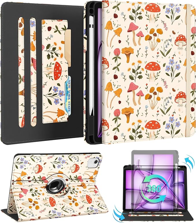 Kidcube for iPad Air 13 Inch Case (M3/M2)/for iPad Pro 12.9 Cases 6th/5th (2022/2021) - Women Girls Cute Rotating Stand Folio Cover with Pencil Holder & Card Slot Design Girly Mushroom Flowers Cover