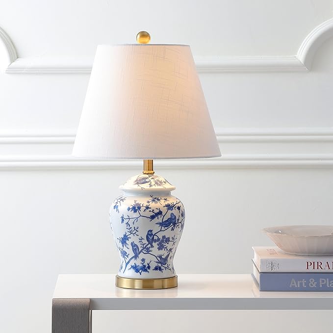 JONATHAN Y 22" Blue/White Ceramic Table Lamp, French Country Chinoiserie Ginger Jar LED Bedside Lamp for Living Room Bedroom, White Linen Shade, JYL3005A