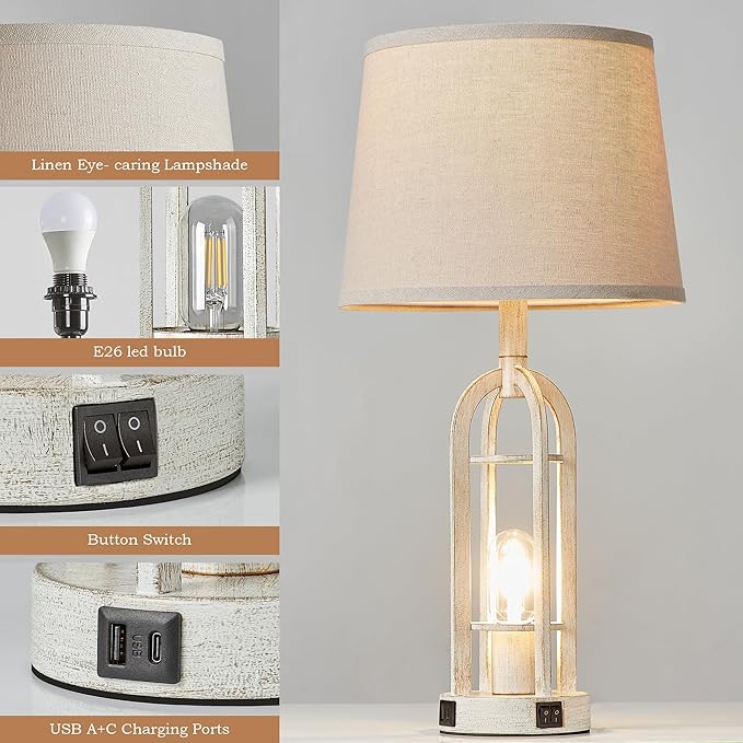 SRJJA Farmhouse Table Lamps for Living Room Set of 2 - Rustic Industrial Bedside Lamps for Bedroom Nightstand with Nightlight and USB A+C, 4 Bulbs Included