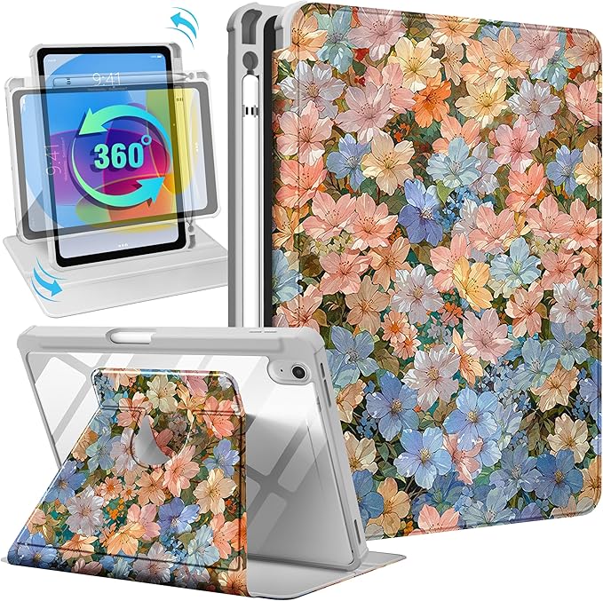 Uppuppy for iPad A16 Case for iPad 10th Generation Case 10.9 inch - 360 Degree Rotating Stand Folio Smart Cover with Pencil Holder for Women Girls, Beautiful Flowers for Apple 10th 2022/11th 2025