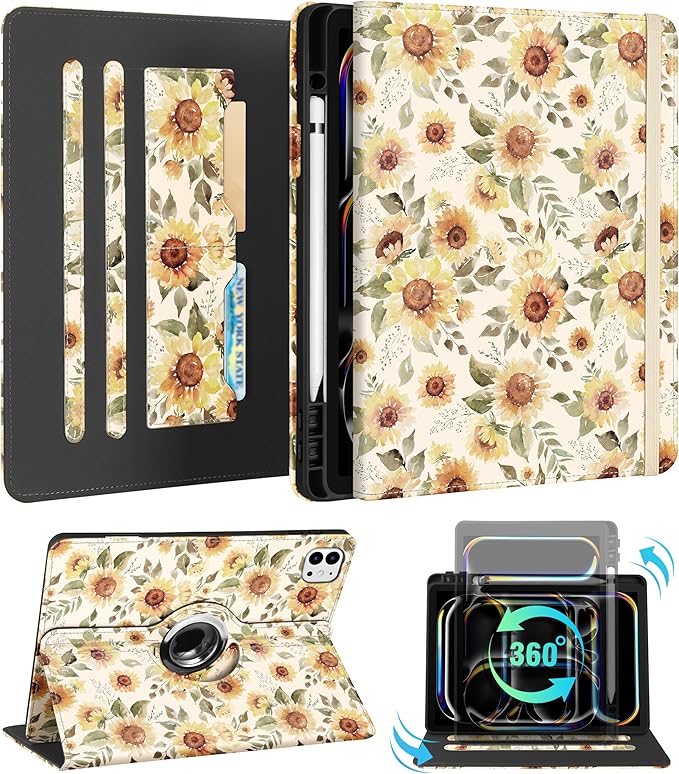 Kidcube for iPad Pro 13 Inch Case M4 2024 - Women Girls Cute Rotating Stand Folio Cover with Pencil Holder & Card Slot Girly Pretty Sunflower Design for iPad Pro 13 Inch Case 2024 (A2925 A2926 A3007)