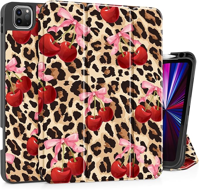 May Chen Case for iPad Pro 11 inch (4th, 3rd, 2nd & 1st Gen) 2022 2021 2020 2018, Trifold Stand + Pencil Holder + Auto Wake/Sleep + Soft TPU Protective Stand Back Cover, Cherry & Cheetah