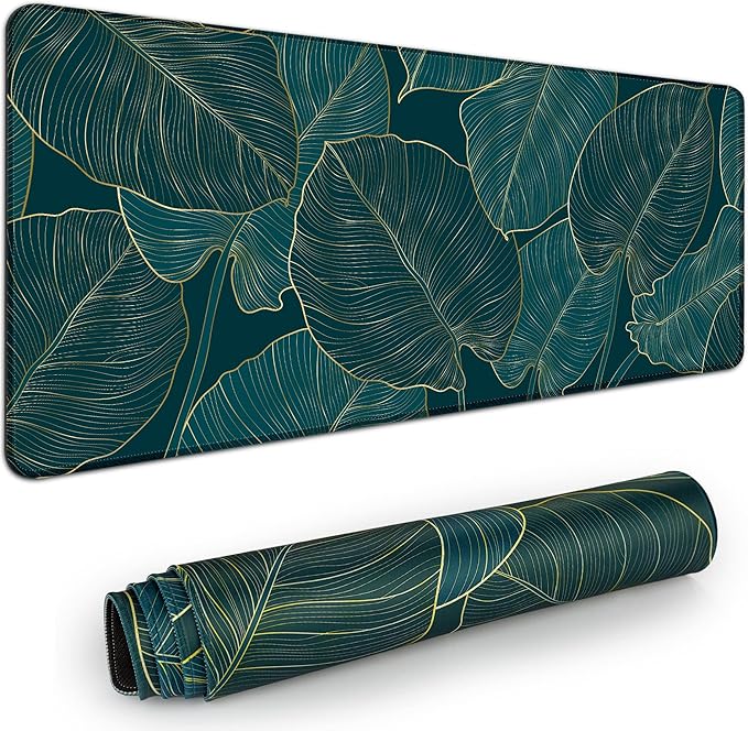Desk Mat,Large Mouse Pad 35''×15.6'' XXL Extended Gaming Mouse Pad Mat with Non-Slip Base Stitched Eges Mousepad for Computer,Office,Keyboard and Laptop - Green Leaves