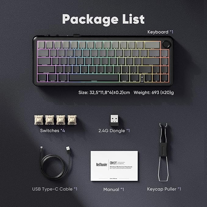 RedThunder K65 Wireless Mechanical Gaming Keyboard, Trip-Modes Connection, Gasket Custom Hot-Swap Keyboard, RGB Backlit, Pre-lubed Linear Switches, Side Engraved PBT Keycaps, Gradient Gray