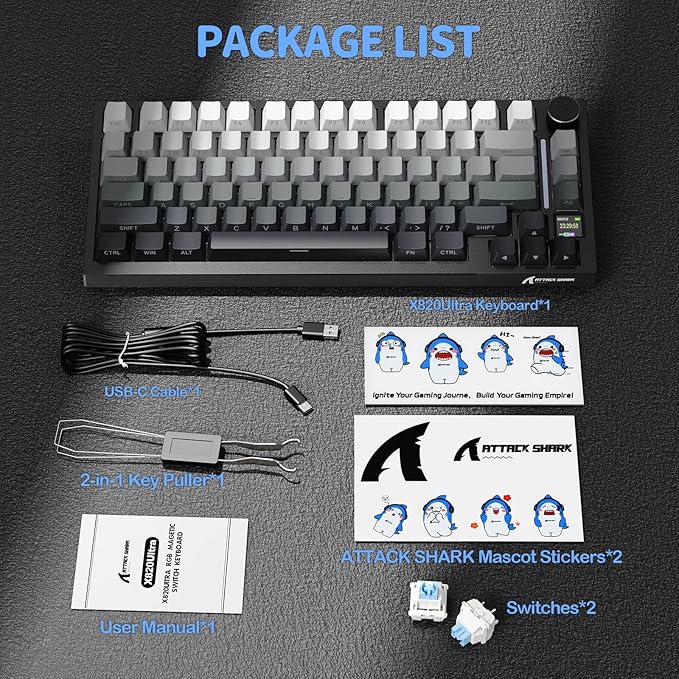 ATTACK SHARK X820 Ultra 75% Wireless Gaming Mechanical Keyboard Hot-Swappable Gasket Mount RGB Backlit BT/2.4G/Wired Custom Keyboard with Smart TFT Display&Knob QMK Driver-Moonlit Night&Shark Switch