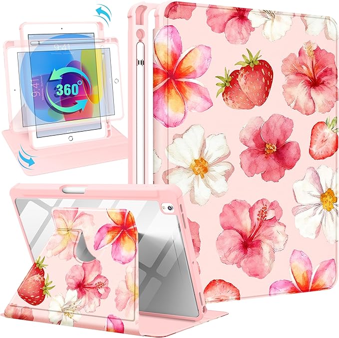 Uppuppy for iPad 9th/8th/7th Generation Case for iPad Air 3rd/ Pro 10.5” Case - 360 Rotating Stand Folio Smart Cover with Pencil Holder for Women Girls, Hibiscus for Apple Tablet 7/8/9 Gen 10.2 inch