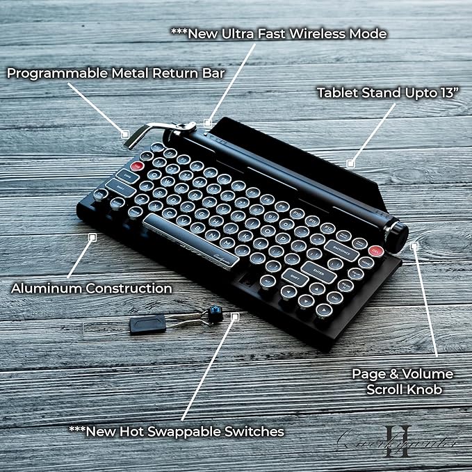 QWERKYTOYS QWERKYWRITER 2 Premium Aluminum Retro Typewriter Mechanical Keyboard with Hot-Swappable Switches, Fast Wireless Mode, Page Scroll Knob & Heavy-Duty Tablet Stand Mac/Win/Android/iOS