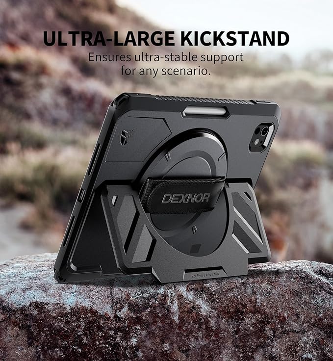 Dexnor for iPad Pro 11 inch Case M5 2025/M4 2024, Rugged Protective Case with 360° Rotating Hand Strap & Large Steady Stand & Screen Protector & Pencil Holder Shockproof Full-Body Bumper Cover, Black